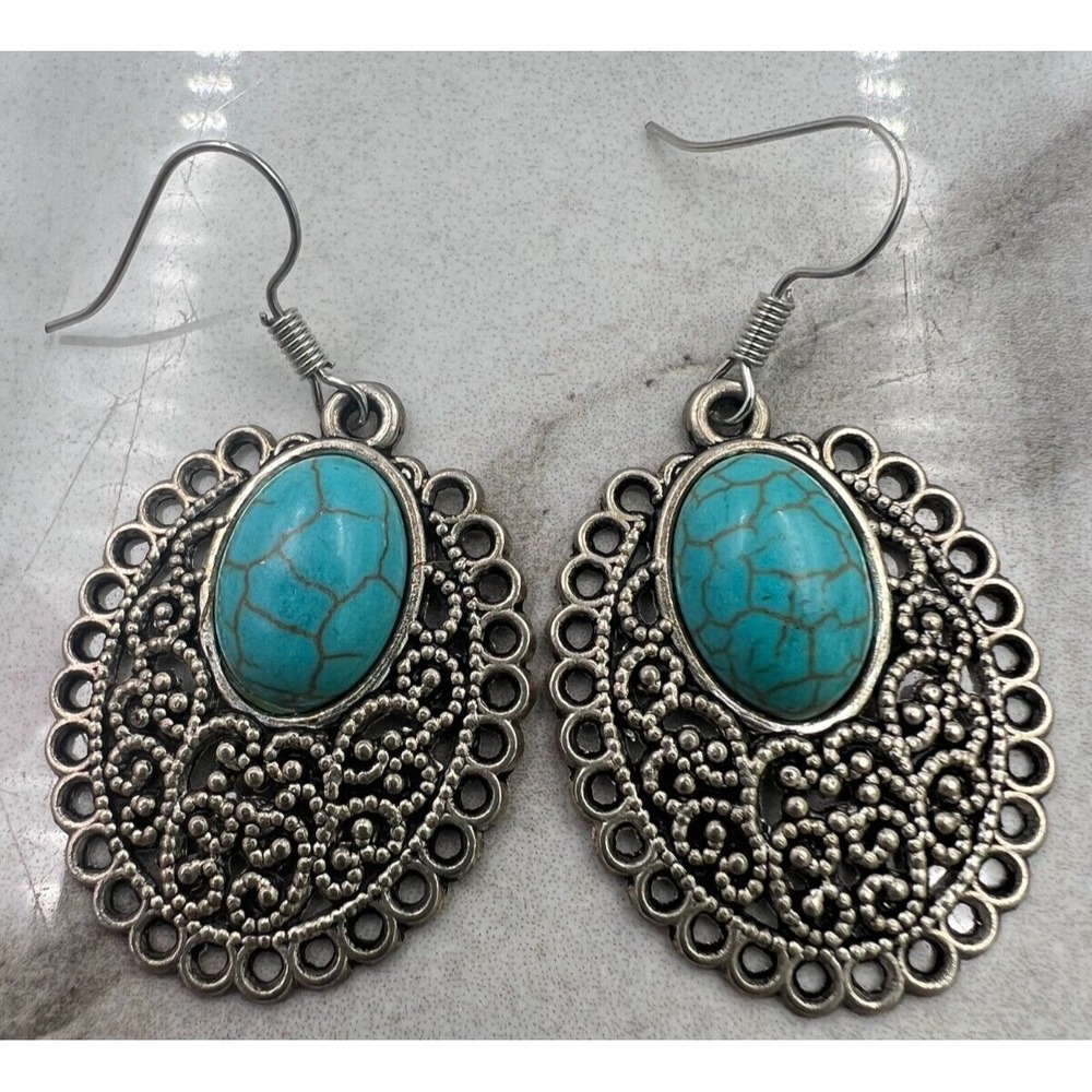 VTG Faux Turquoise Oval Drop Earrings Filigree Silver Tone Boho Gypsy Western